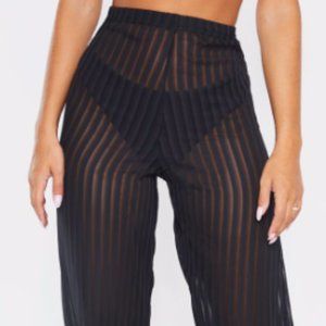 BLACK SHEER STRIPE WIDE LEG BEACH PANTS
